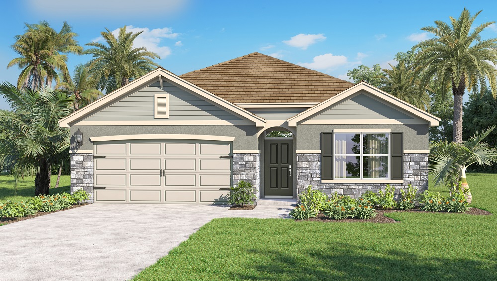 Single-story home with stone accents, shutters, siding, and a two car garage