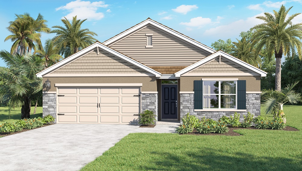 Single-story home with stone accents and two-car garage