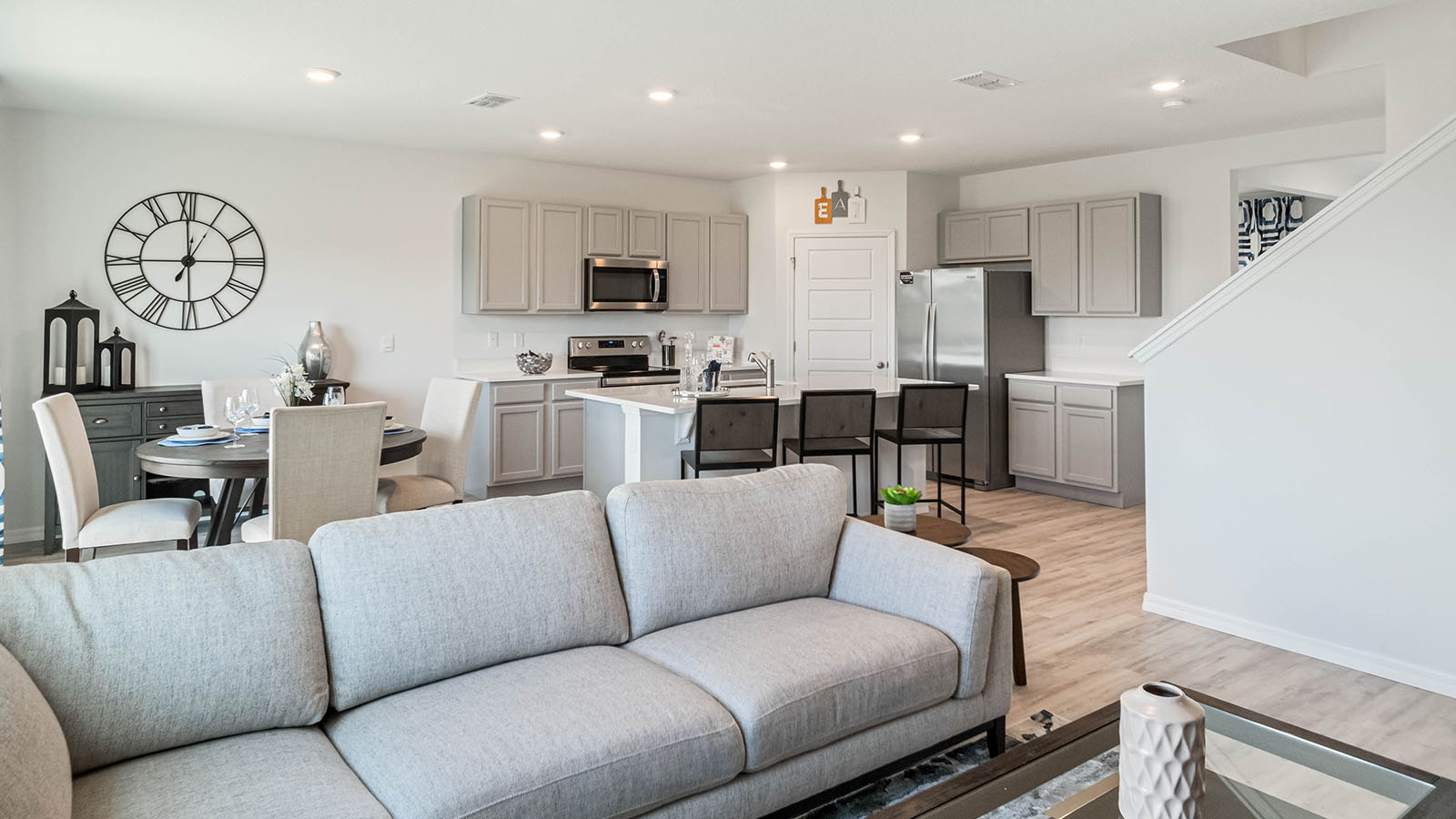 Living room view of the kitchen and dining nook