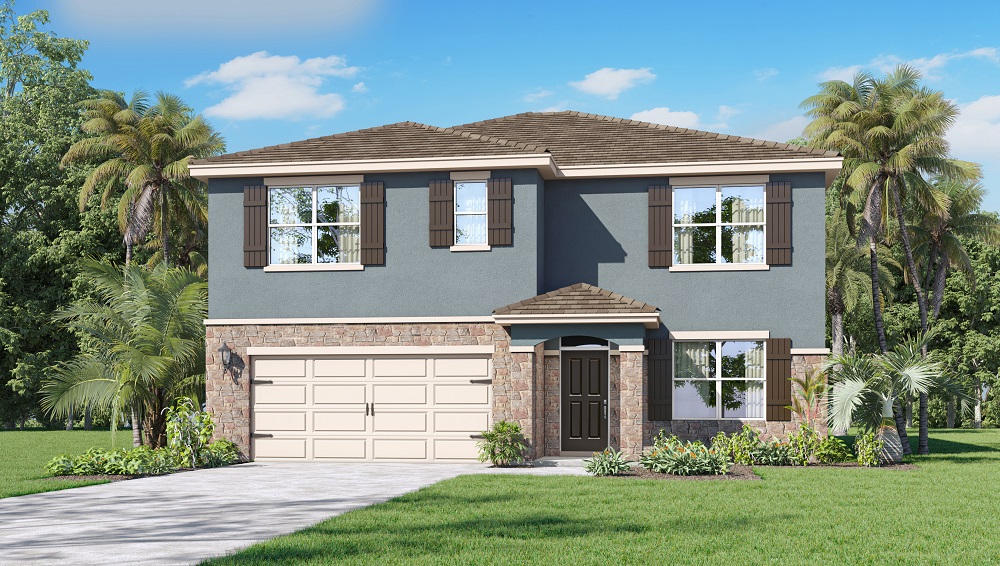 two-story home with stone accents and a two-car garage