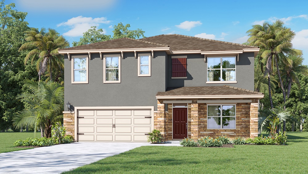 two-story home with covered front porch, two-story garage, and stone accents