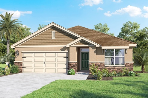 Single-story home with stone accents and two story garage