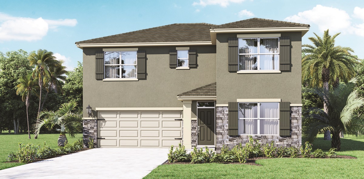Two-story single-family home with stone accents and two-car garage