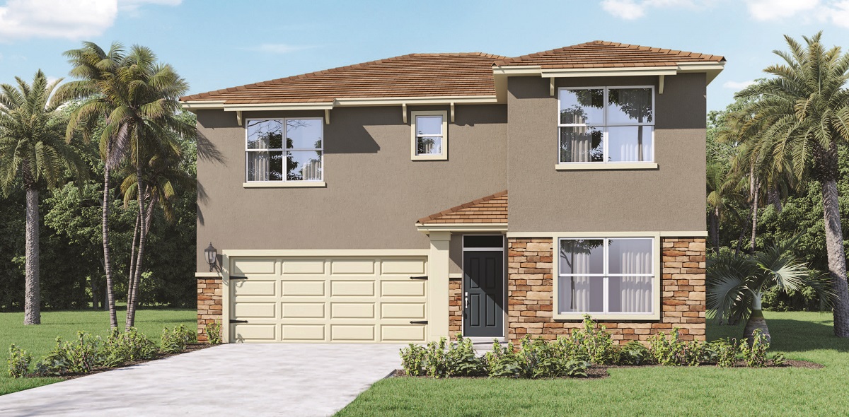 Two-story single-family home with stone accents and two-car garage