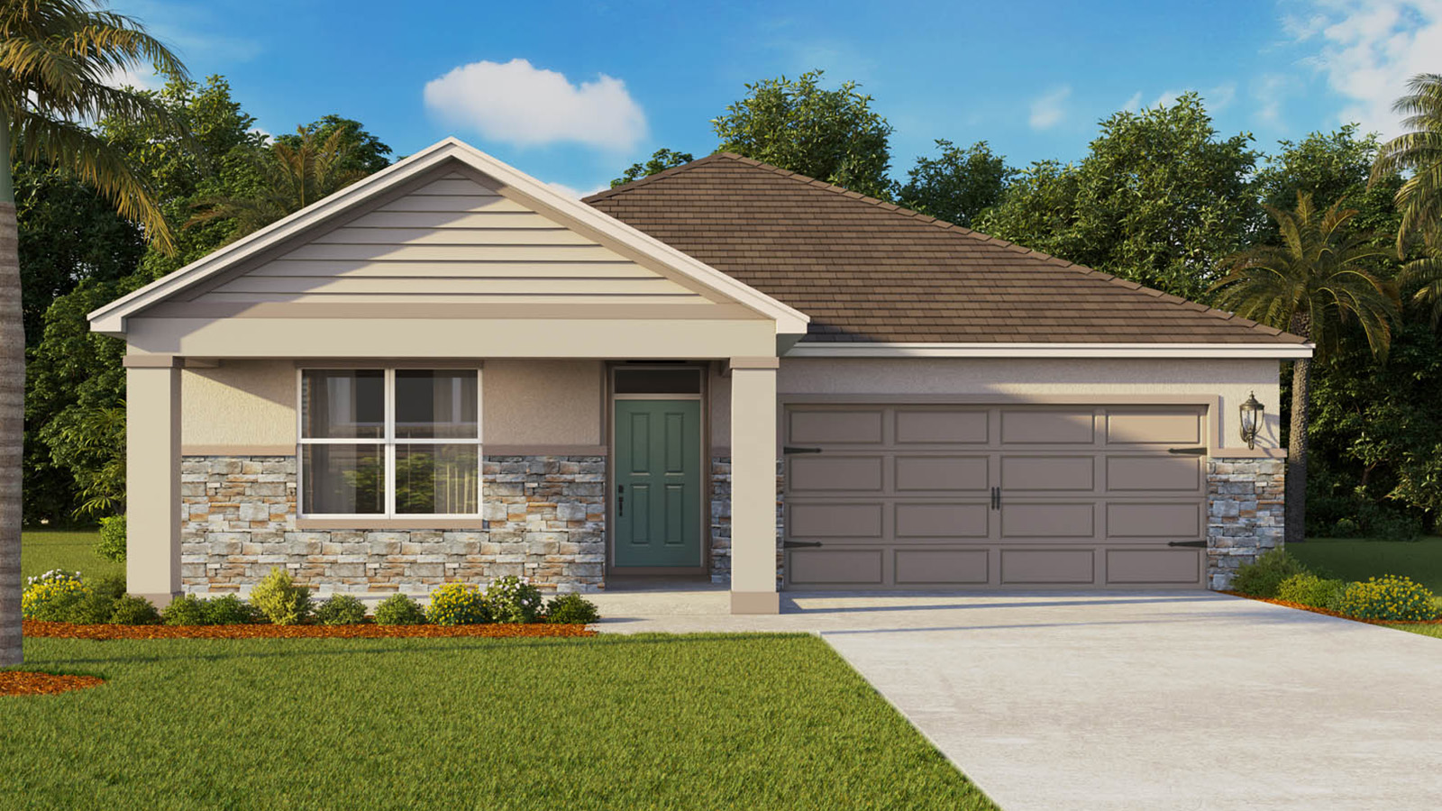 Single-family home with a covered front porch and stone accents