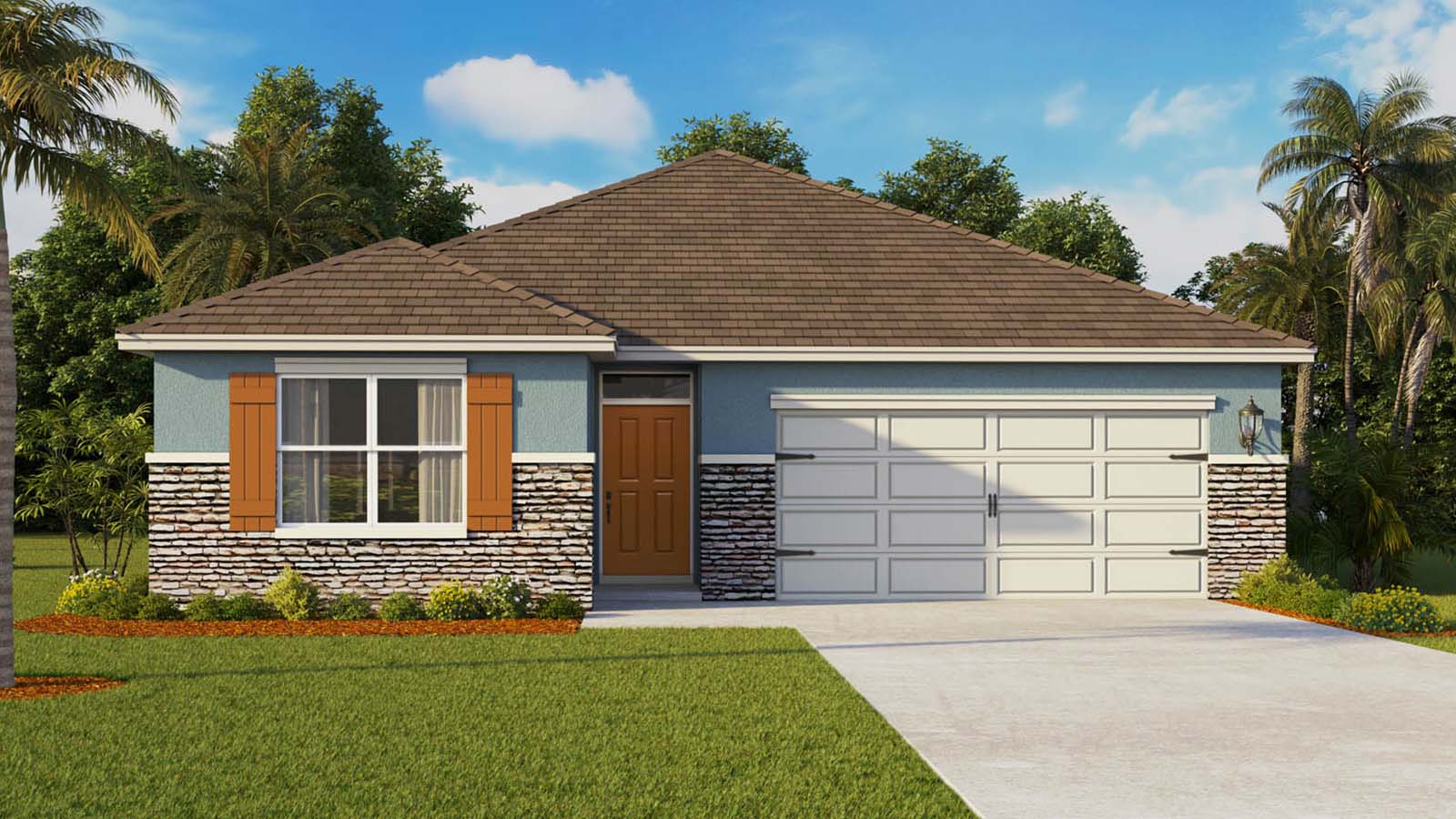 single-family home with stone accents and shutters