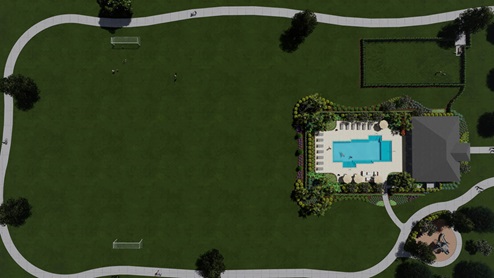Digital rendering of future amenity to include walking path, green space, and pool and cabana