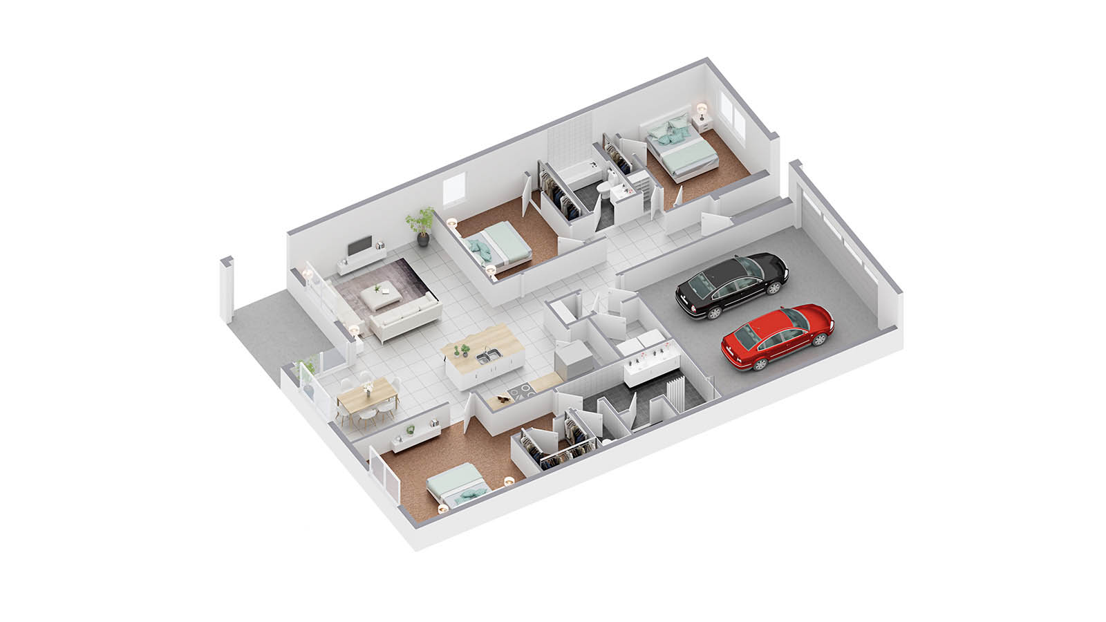Virtually staged floorplan of the Aria with 3 beds and 2 baths