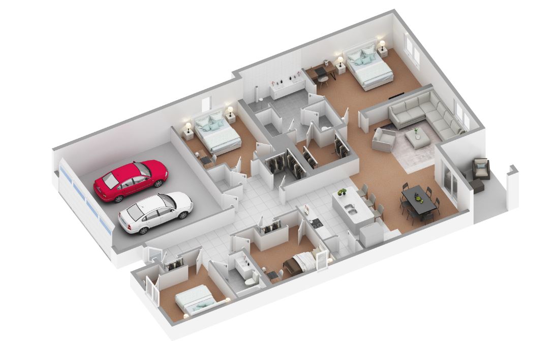 virtually staged 3D image of the Cali floorplan with 4 beds and 2 baths