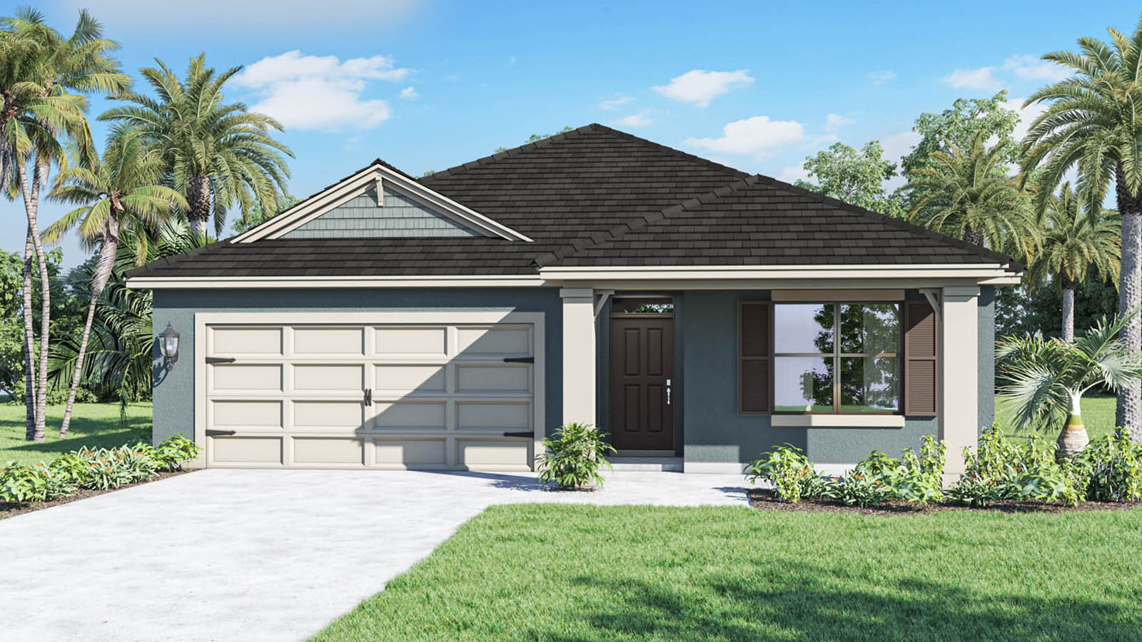 Front exterior image of single-family home with two-car garage and front porch