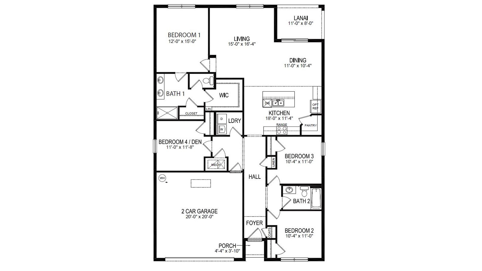 floorplan of a 4 bedroom, 2 bathroom home with two-car garage