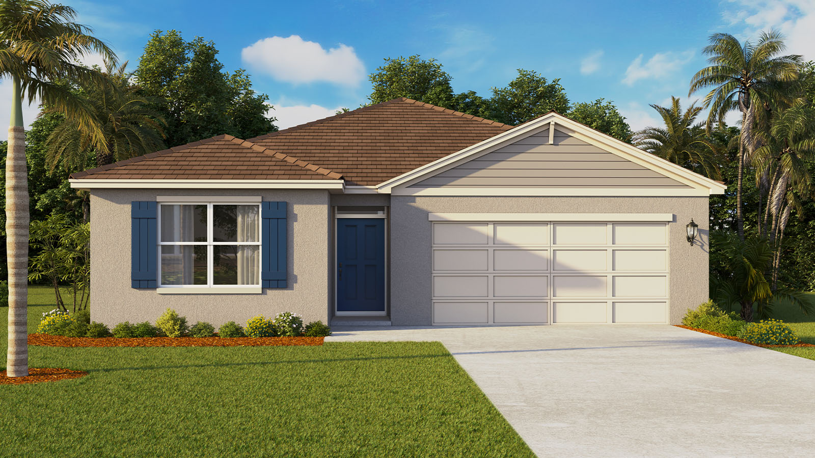 exterior rendering of single family home with 2 car garage
