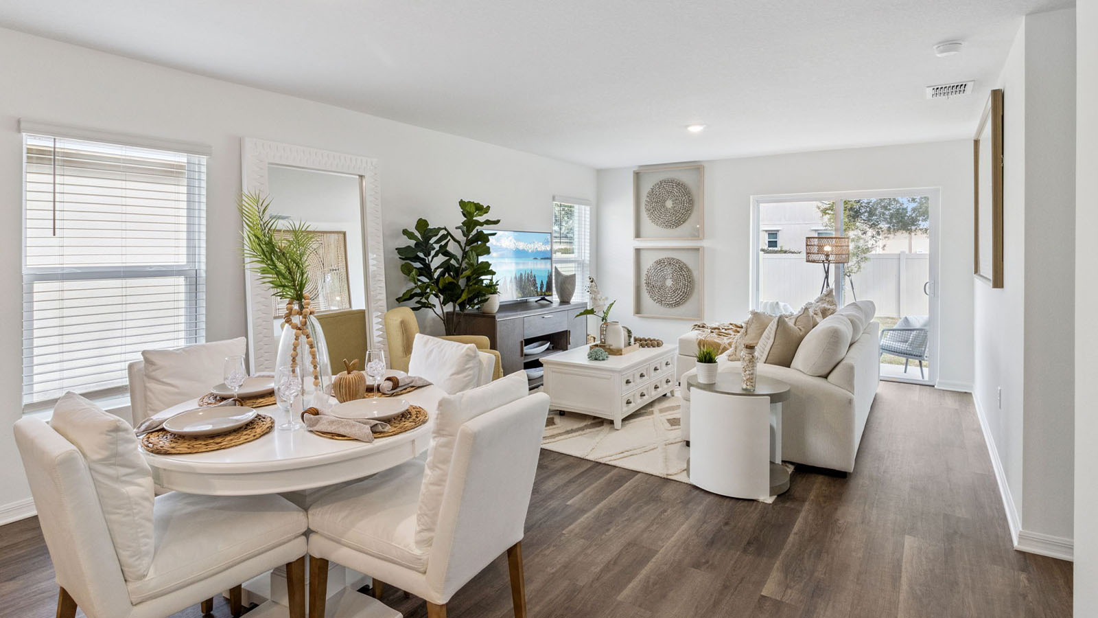 Dining area with living room view