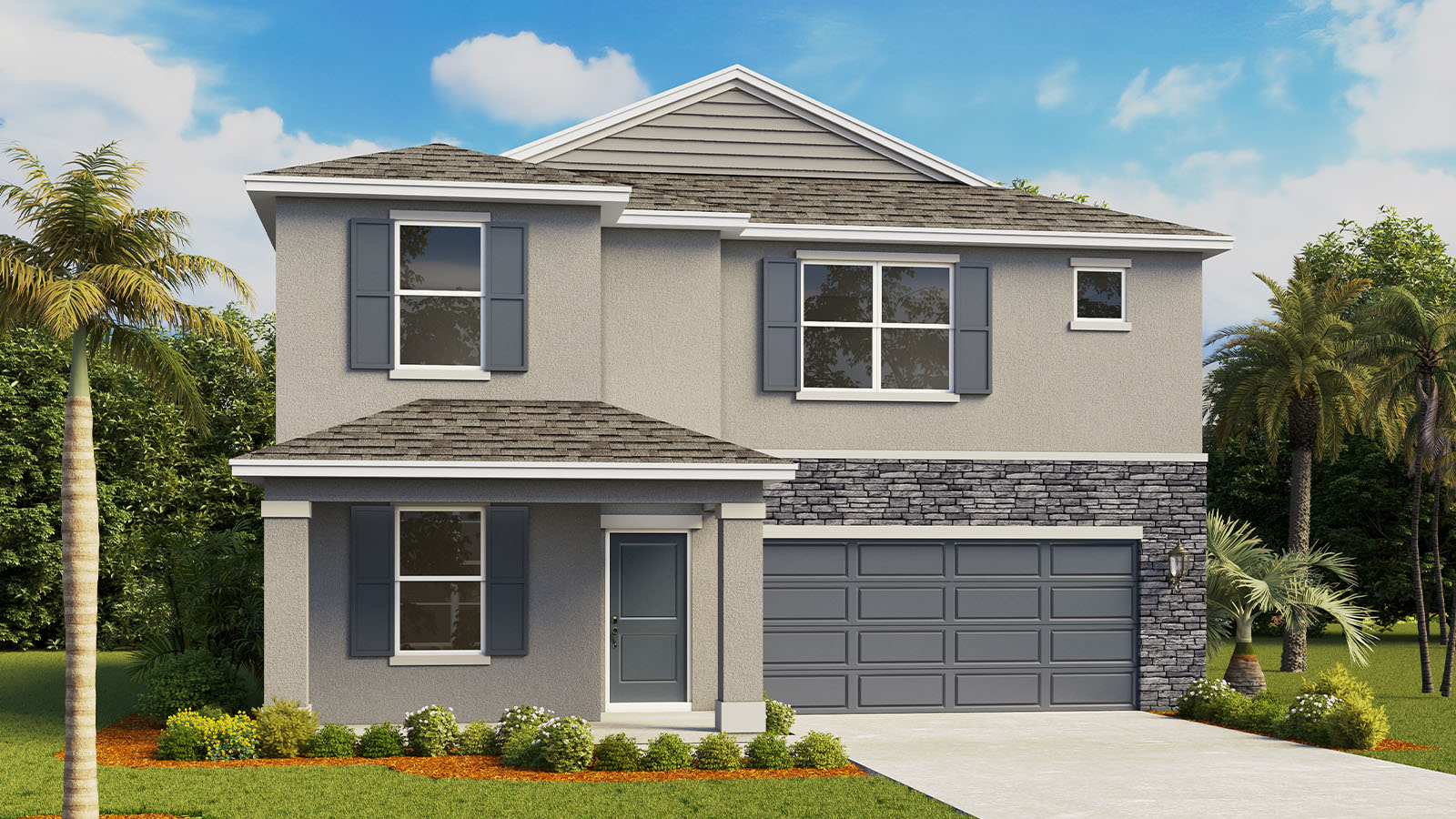 Rendering of two-story home with front porch and stone accents