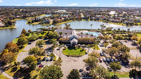 Aerial view of clubhouse and surrounding lakes