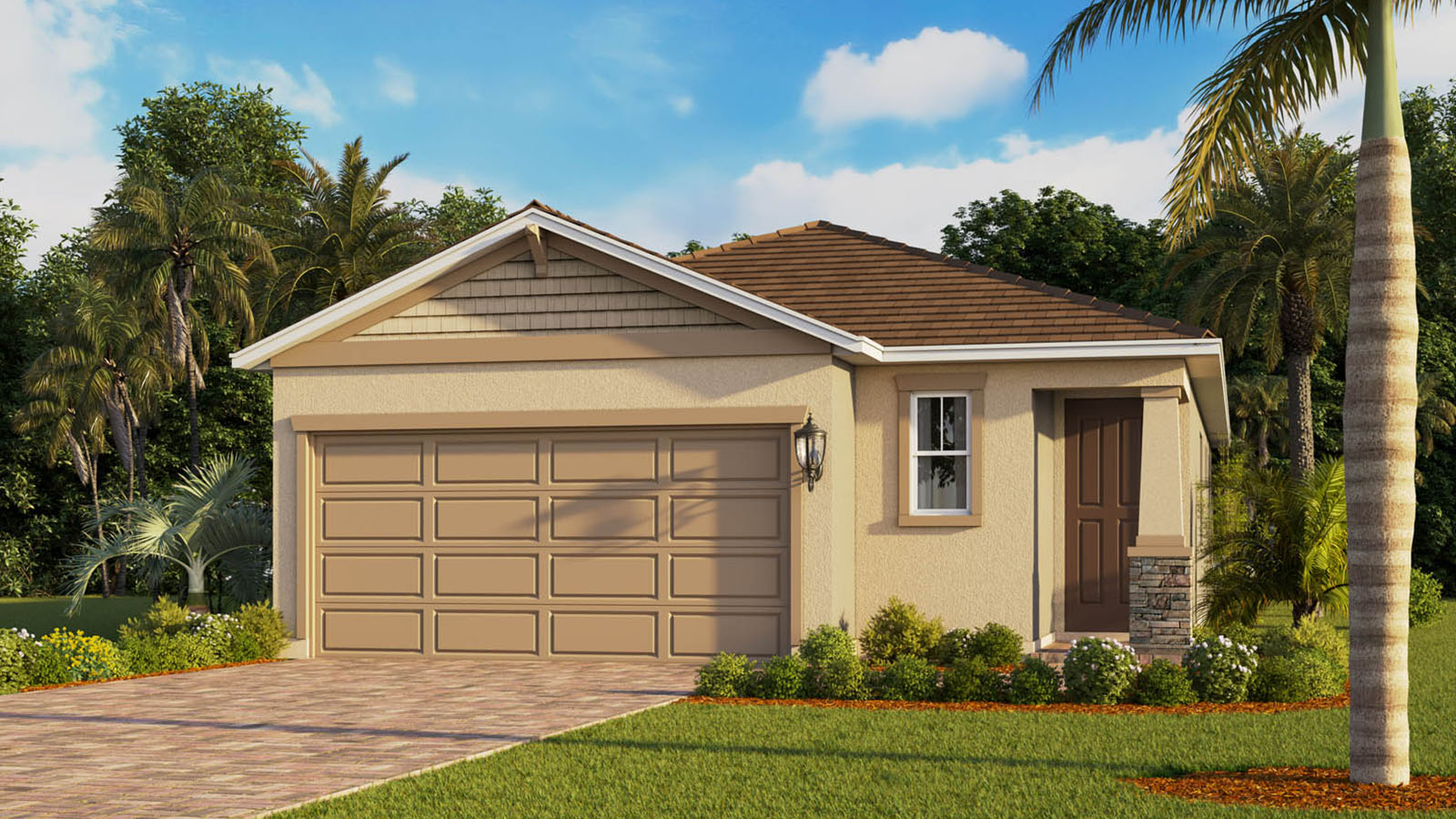 Front exterior rendering of single family home with garage and stone accents
