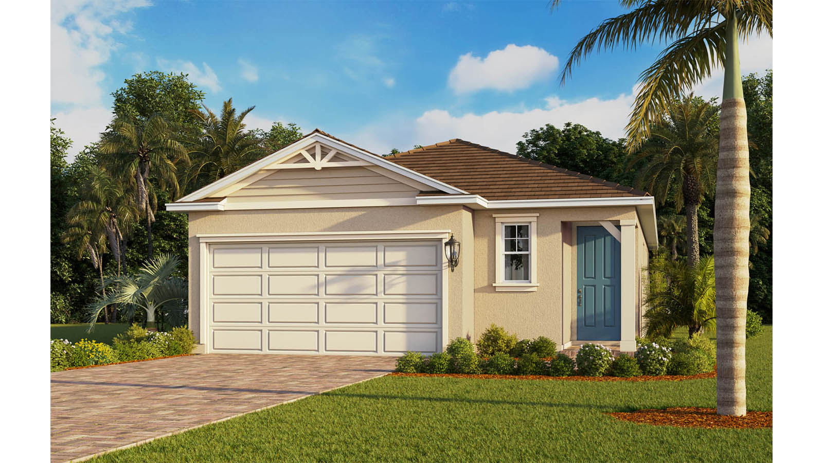 Exterior image of single-story home with 2 car garage