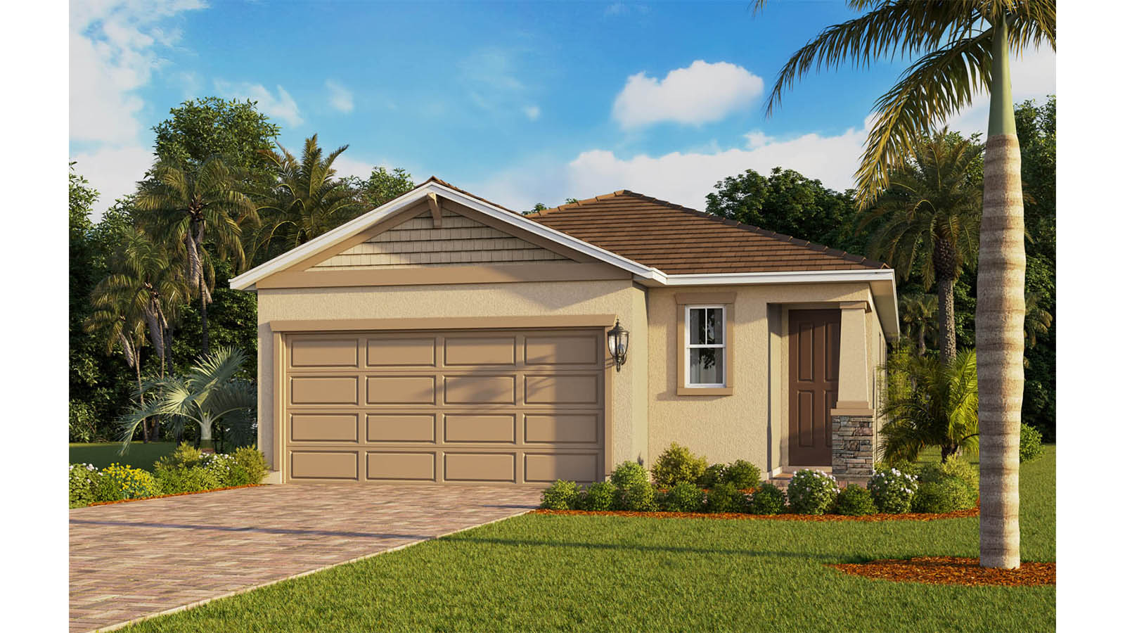 Exterior image of single-story home with 2 car garage and stone accents