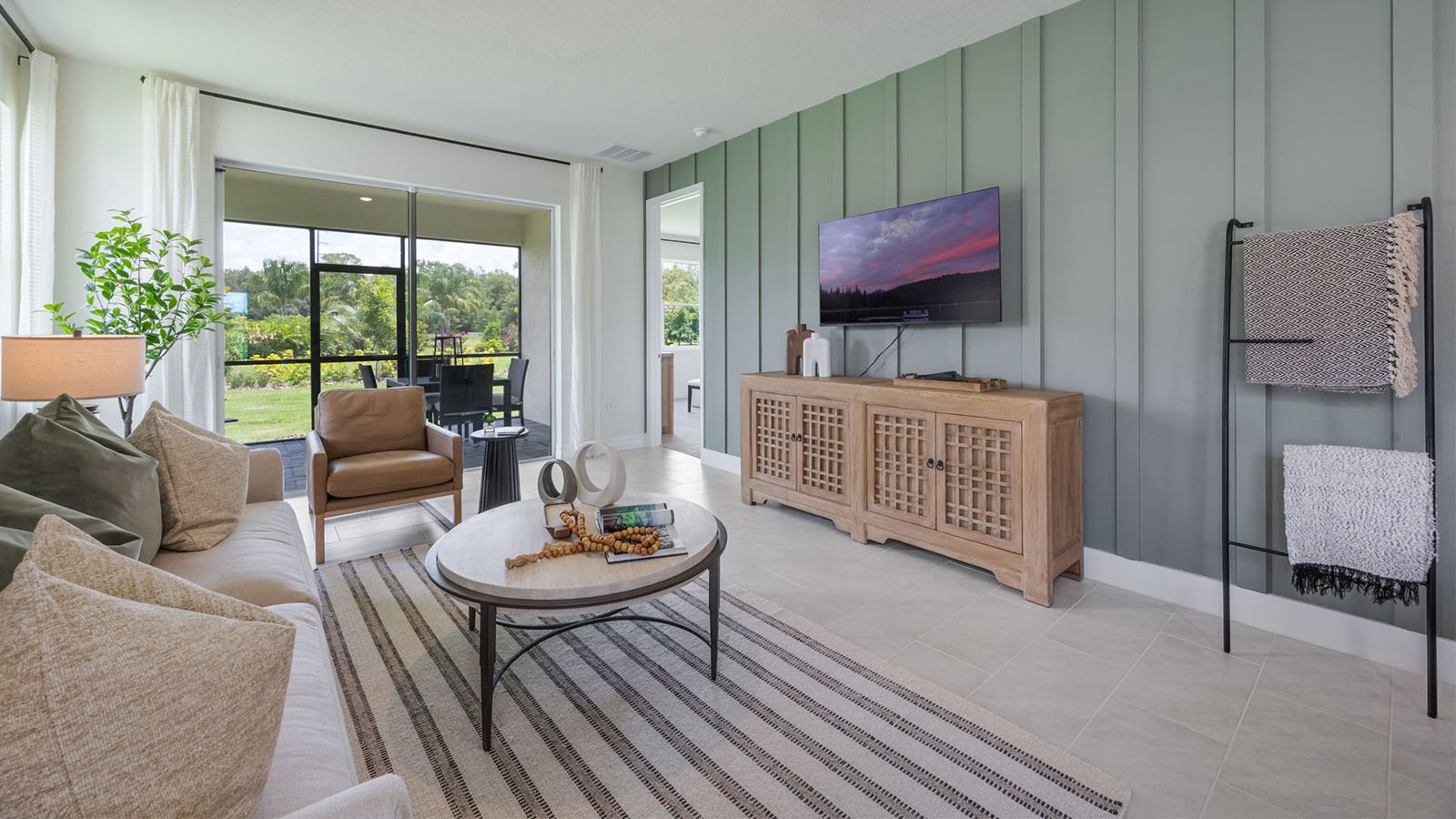 Living room with view of back porch