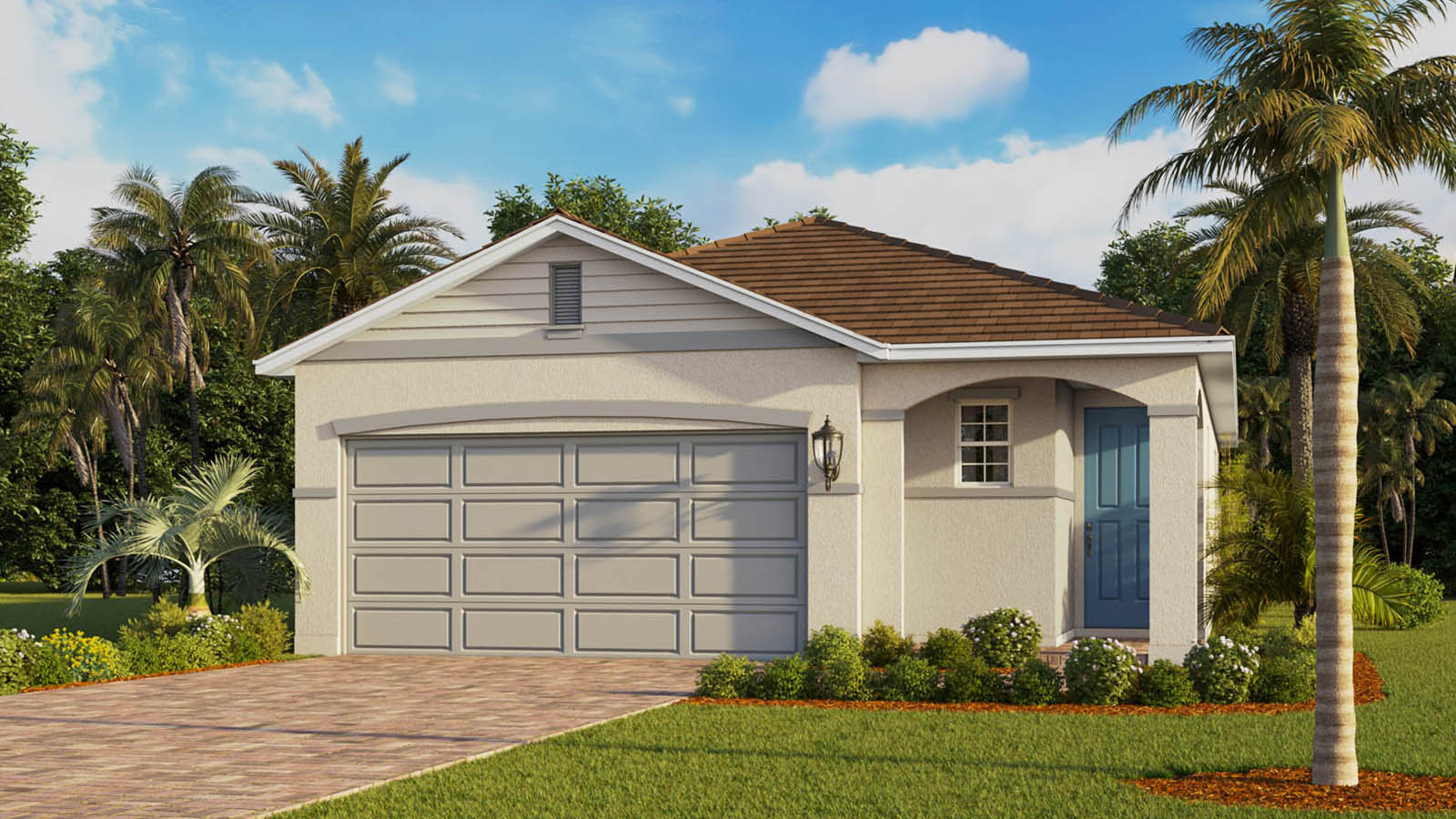Exterior image of single-story home with 2 car garage