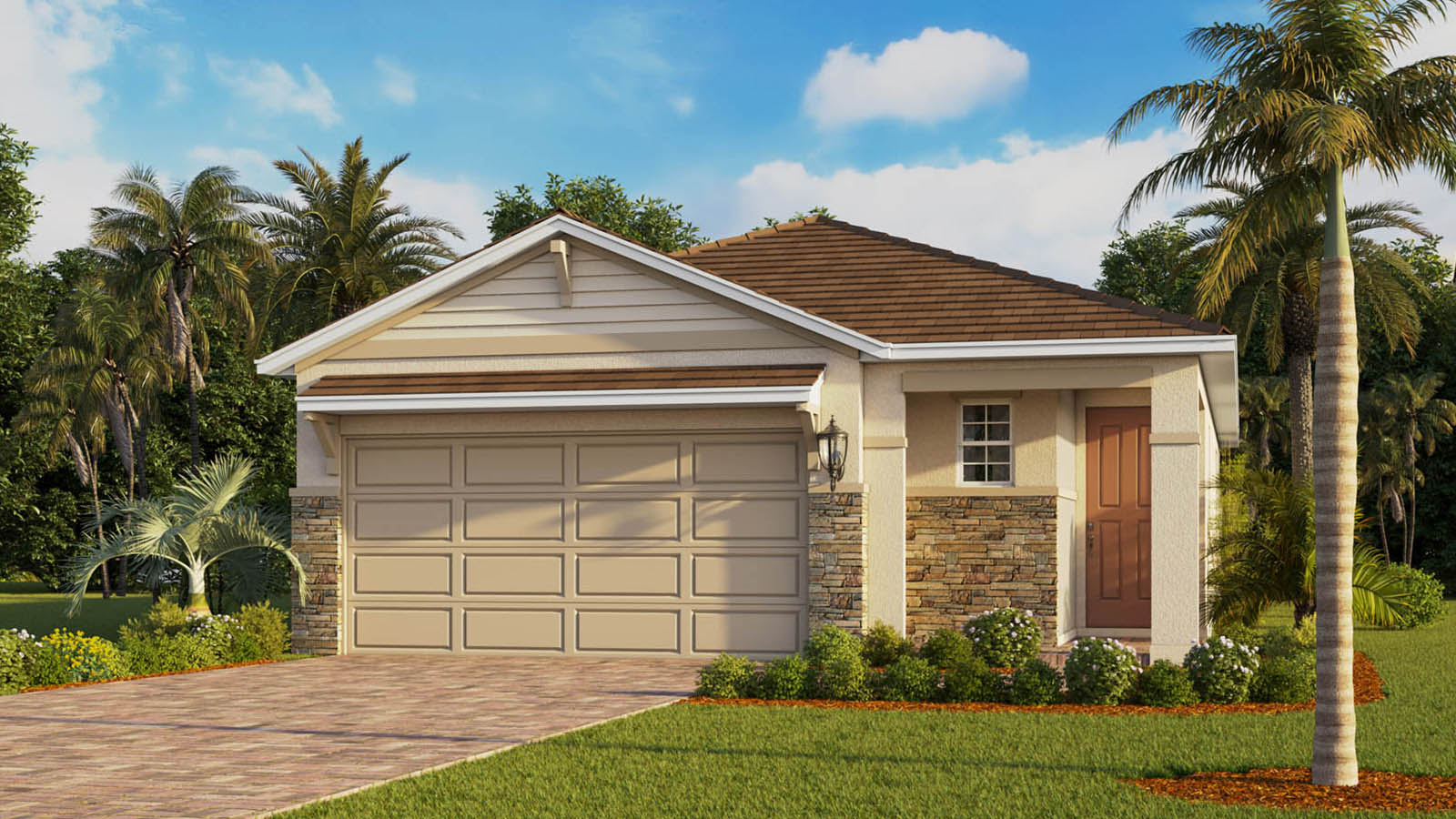 Exterior image of single-story home with 2 car garage and stone accents