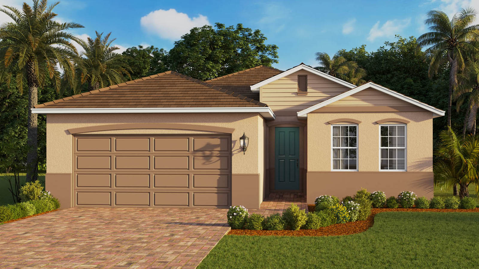 Exterior image of single-story home with 2 car garage