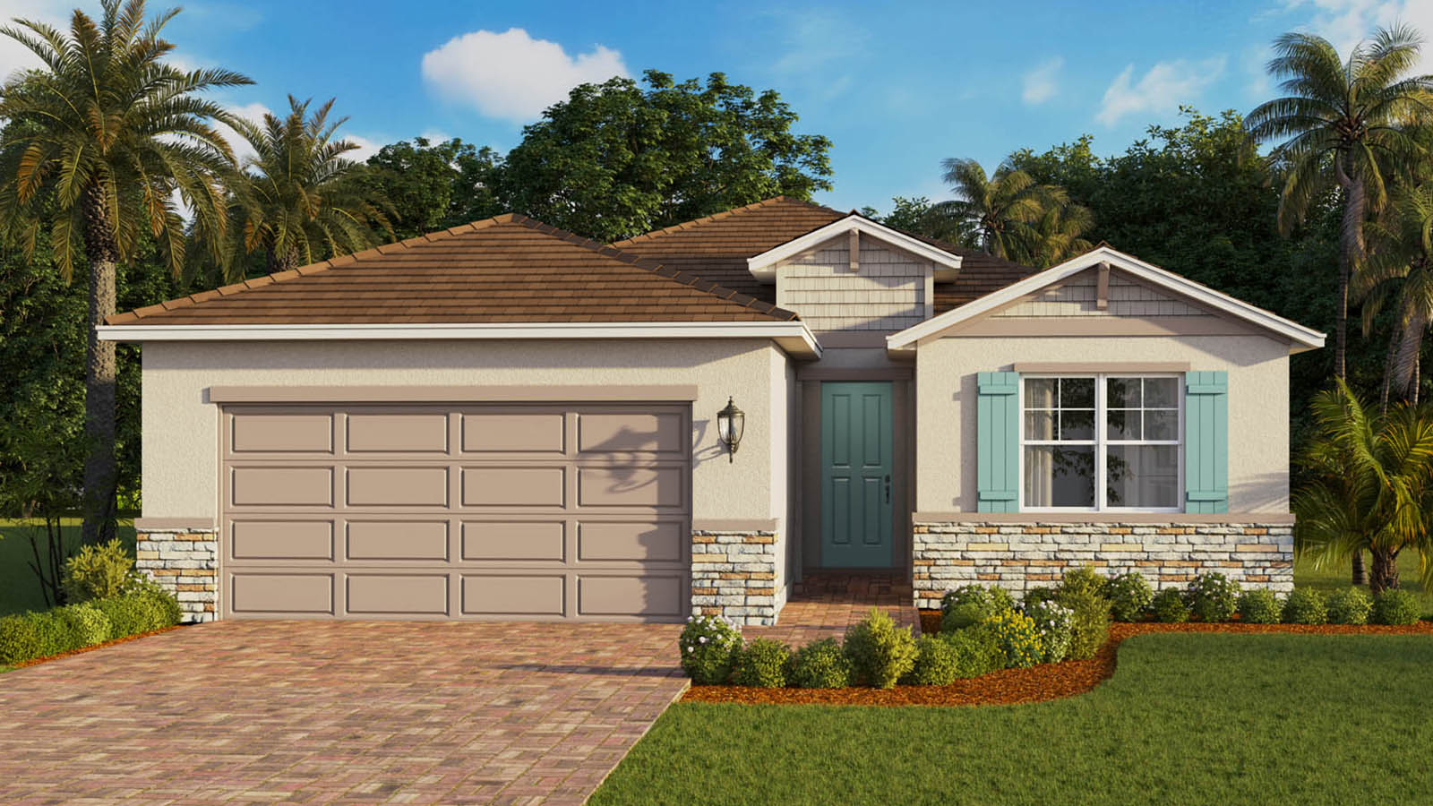 Exterior image of single-story home with 2 car garage and stone accents