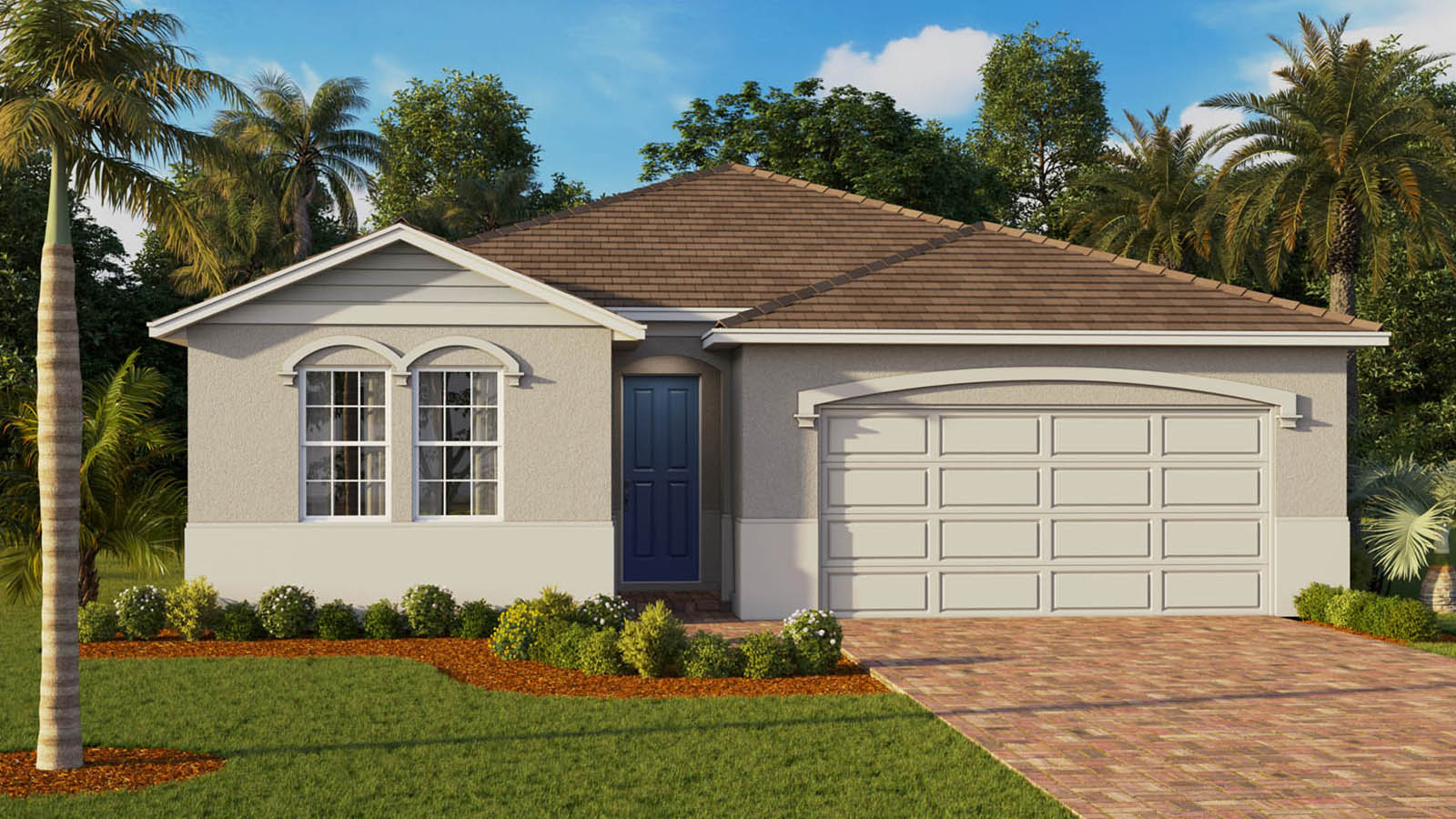 Exterior image of single family home with two car garage and stone