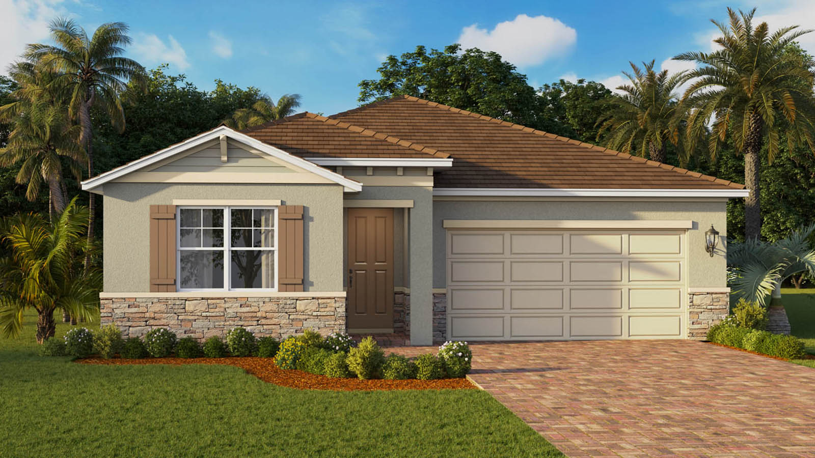 Exterior image of single-story home with 2 car garage and stone accents