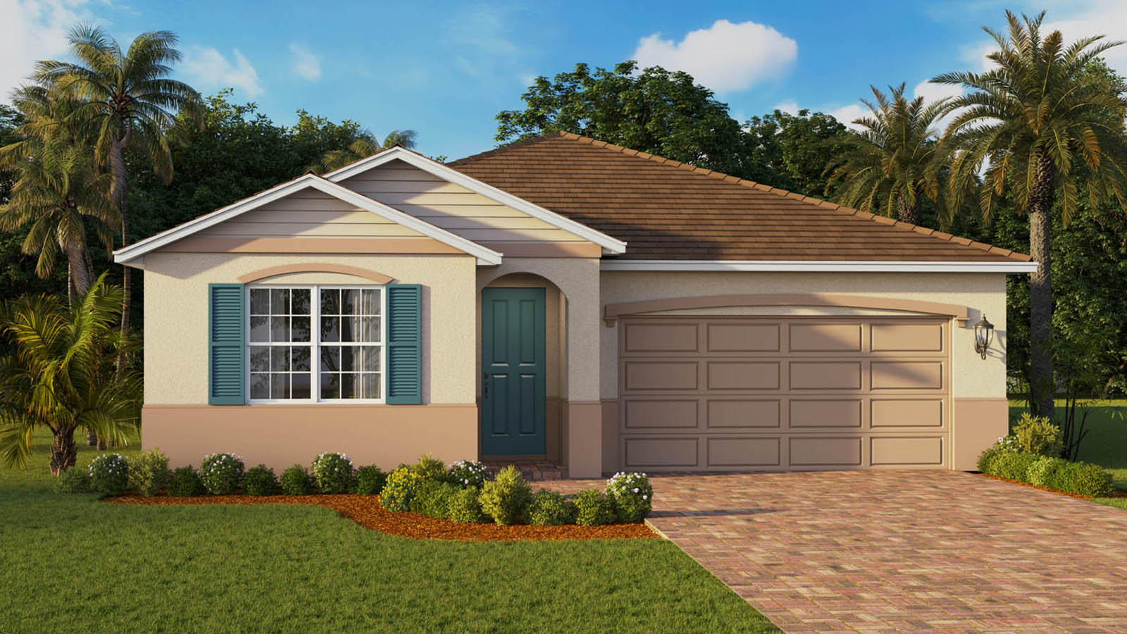 Exterior image of single-story home with 2 car garage