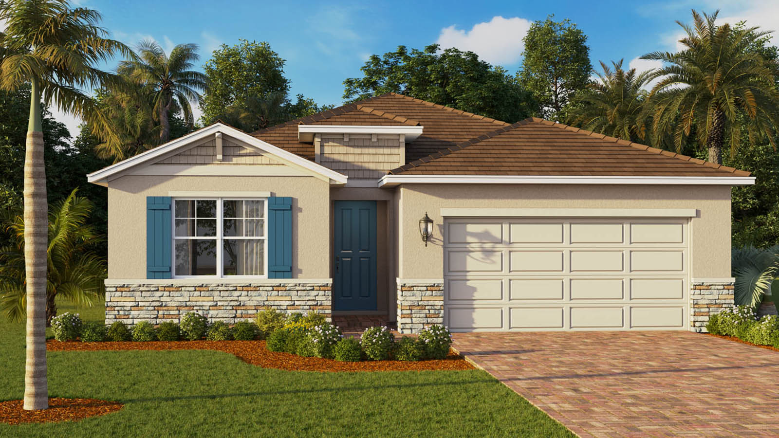 Exterior image of single-story home with 2 car garage and stone accents