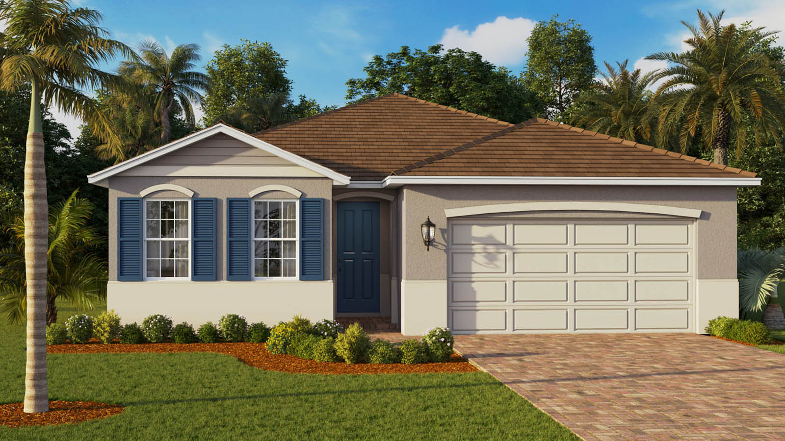 Exterior image of single-story home with 2 car garage