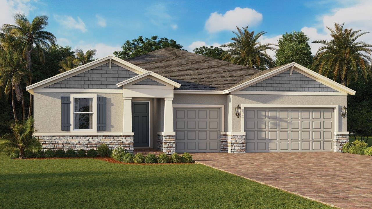 Single-family home front view with shutters, three-car garage, and stone accents