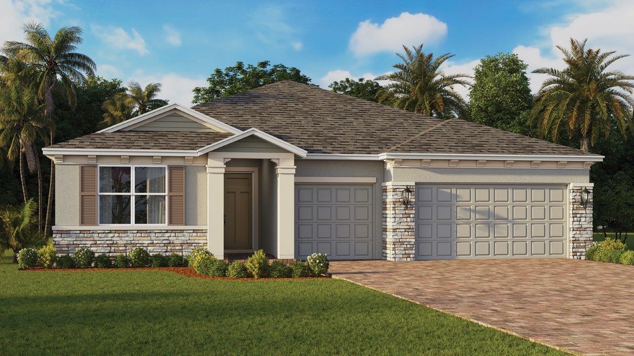 Single-family home with three-car garage and stone