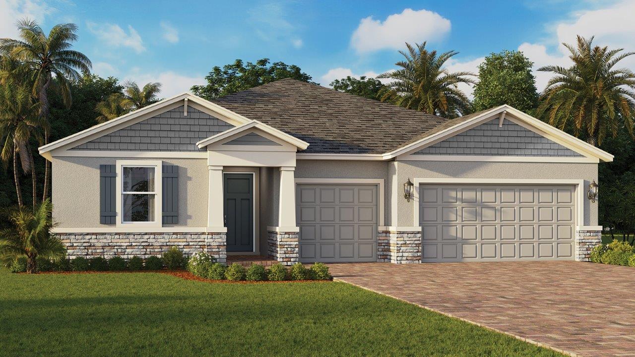 Single-family home front view with shutters, three-car garage, and stone accents