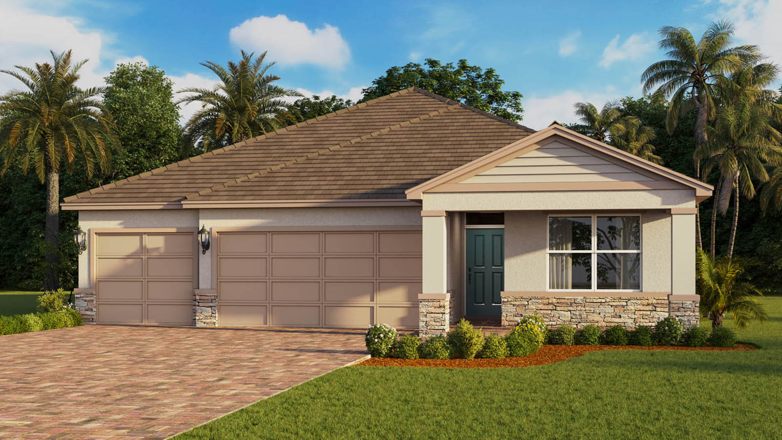 Exterior image of single-story home with 3 car garage, stone, and a covered front porch