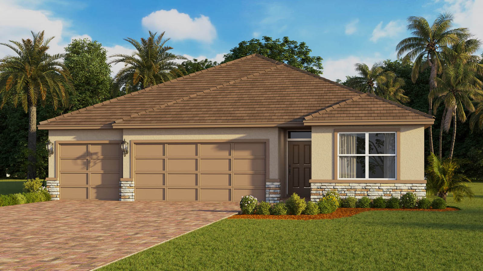 Exterior image of single-story home with 3 car garage and stone accents
