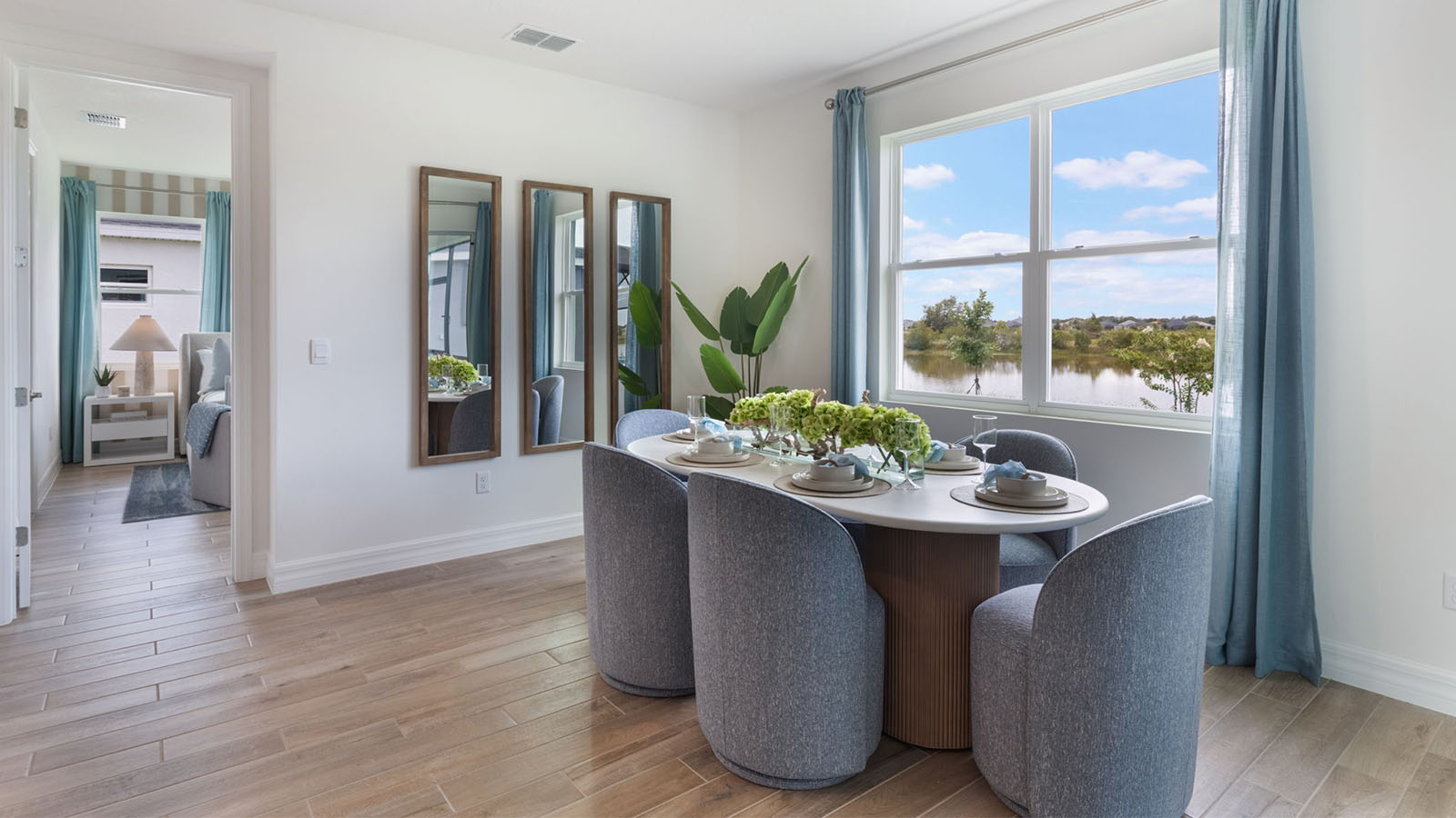 Dining room with view to primary bedroom