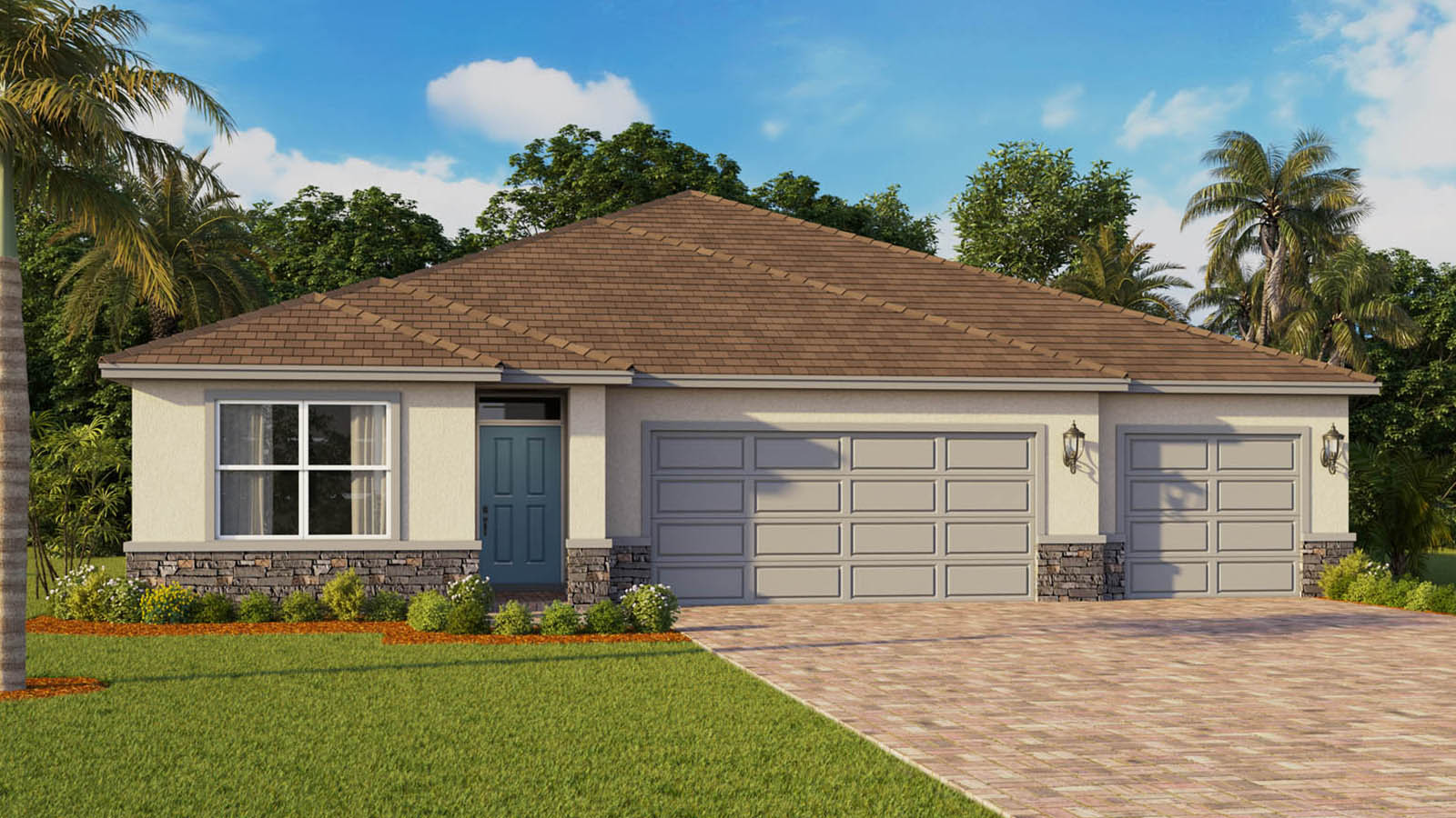 Elevation H Exterior rendering of single story home with 3 car garage with stone