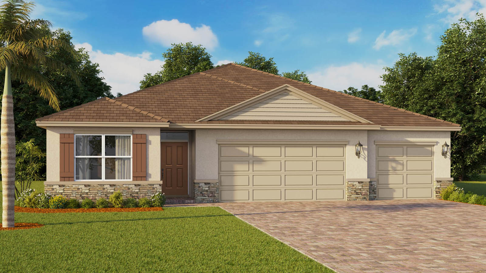 Elevation G Exterior rendering of single story home with 3 car garage with stone