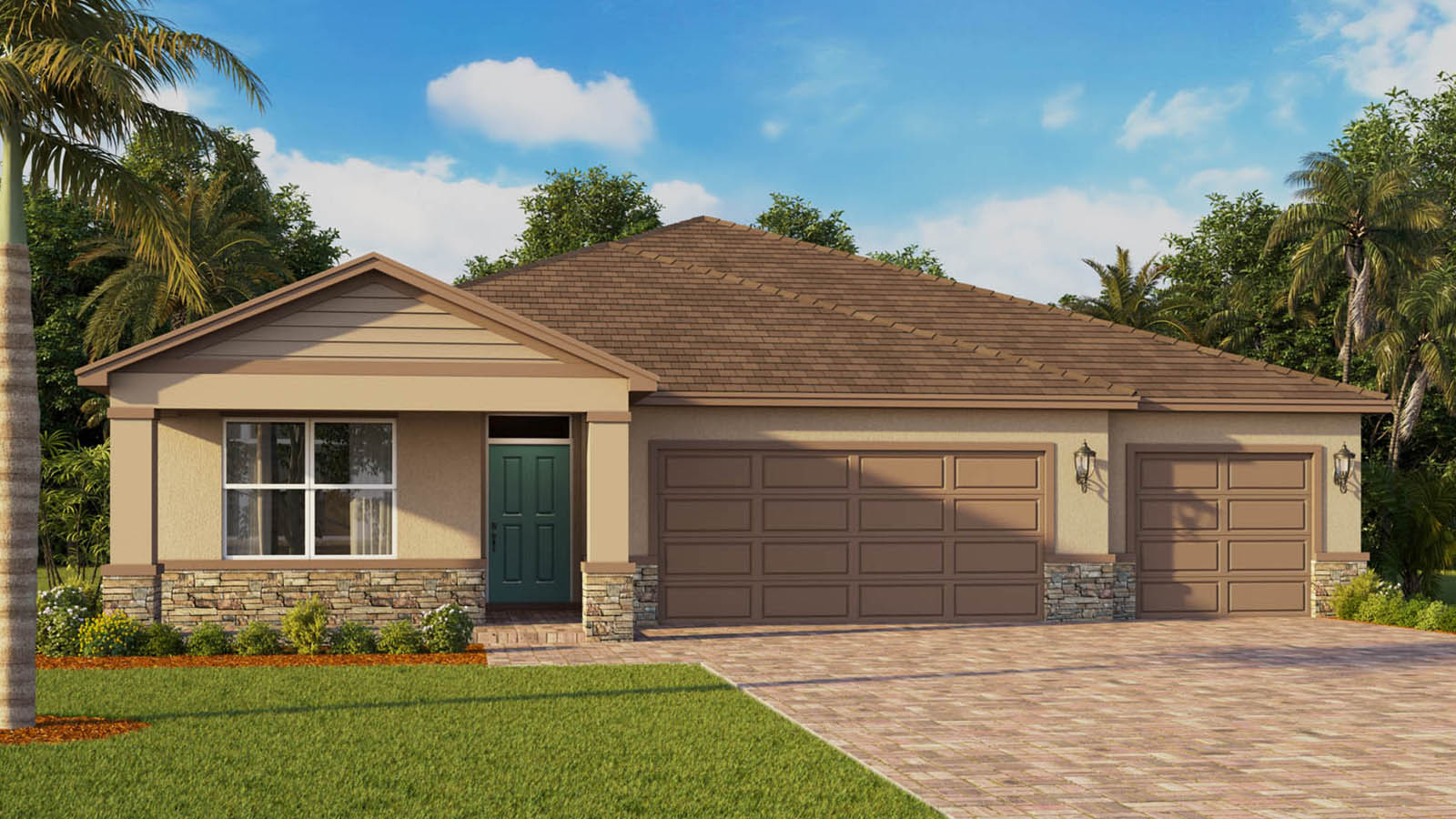 Elevation L Exterior Rendering of single story home with front porch and 3 car garage with stone