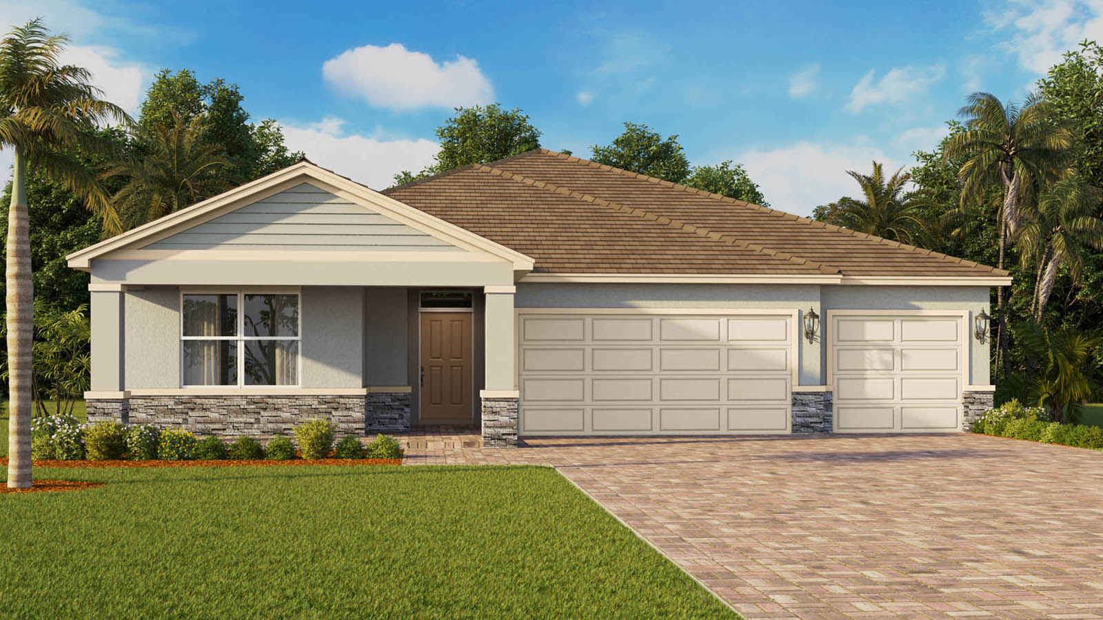 Exterior image of single-story home with 3 car garage, stone, and a covered front porch