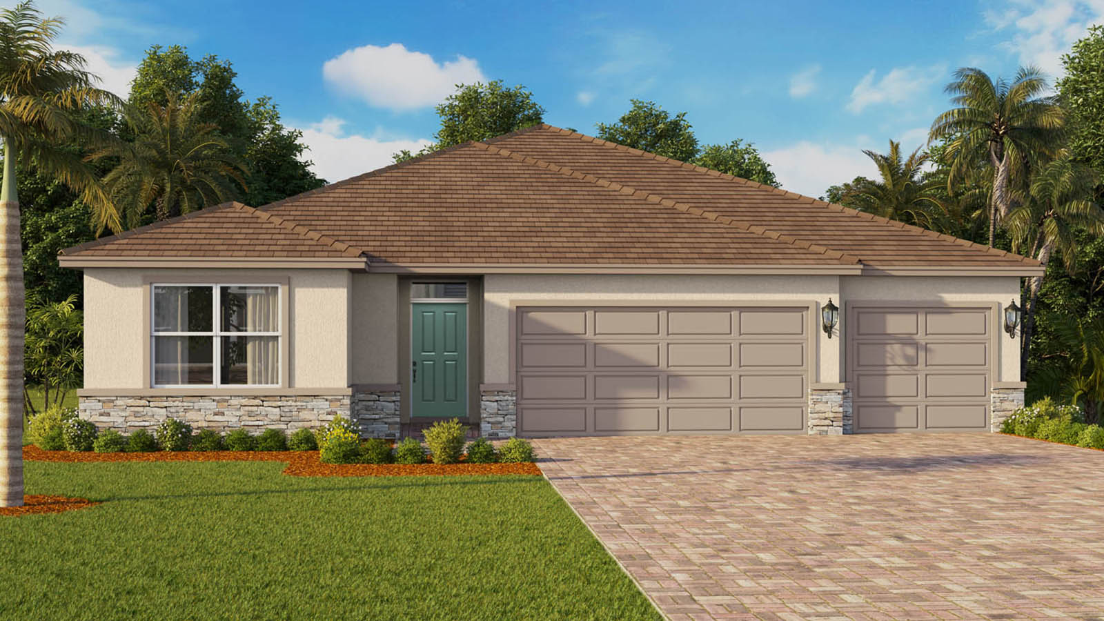 Exterior image of single-story home with 3 car garage and stone accents