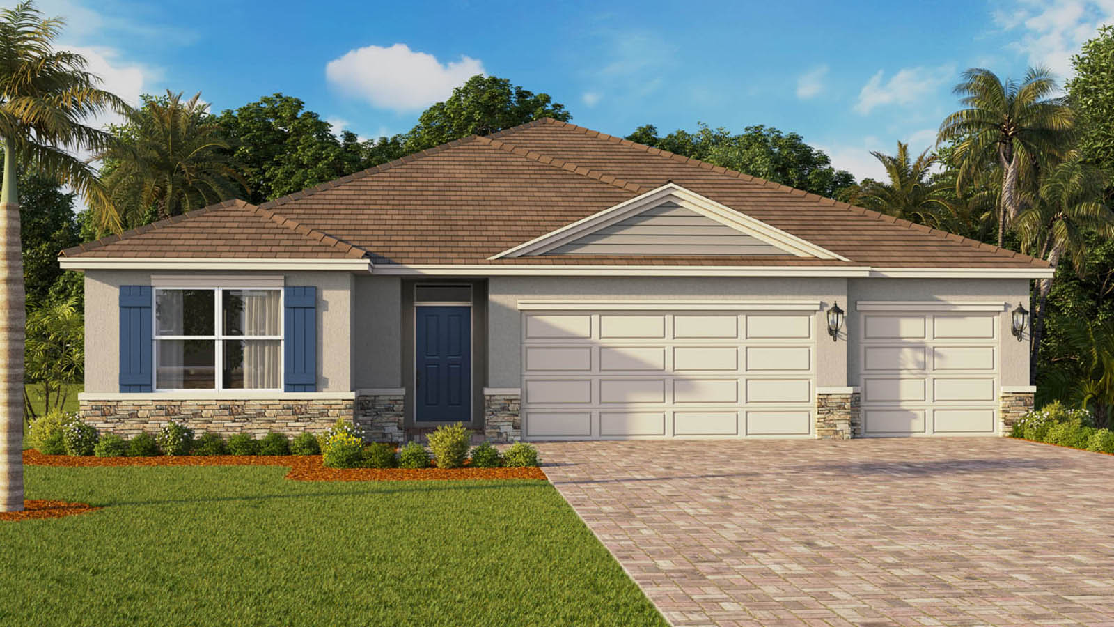 exterior image of single-story home with 3 car garage and stone