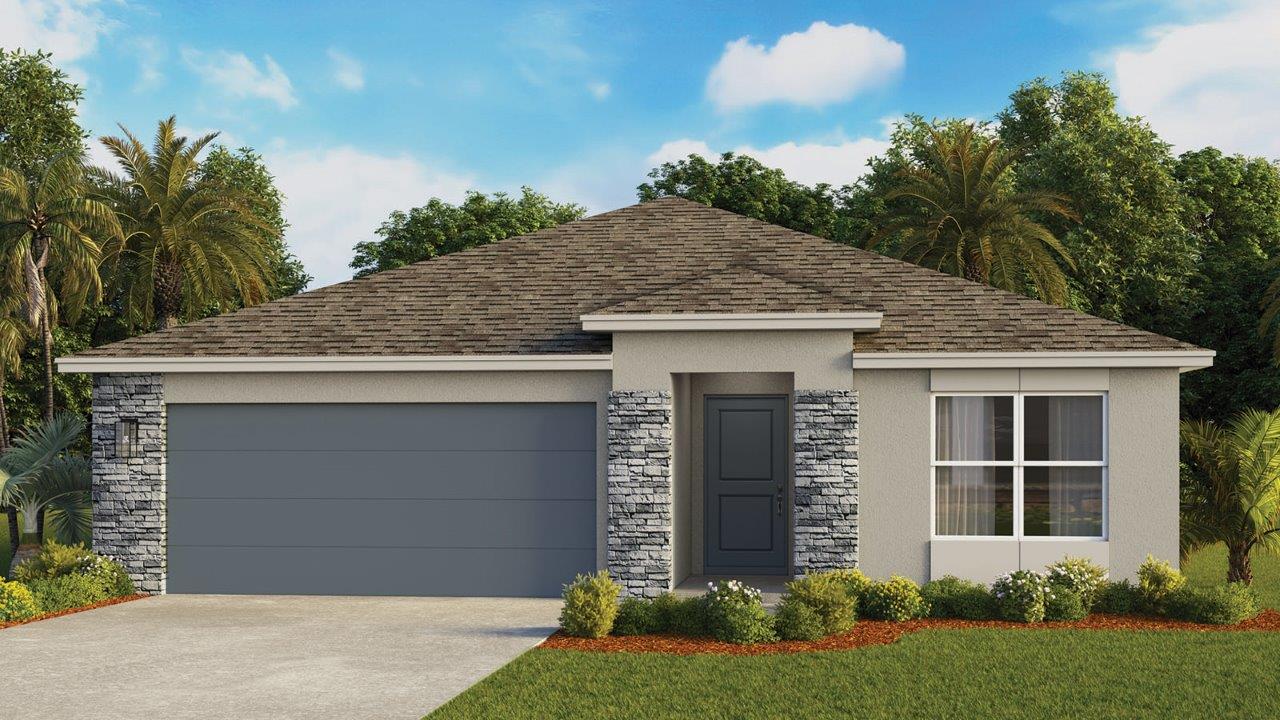 Aria modern rendering of the exterior with covered entryway and stone accents