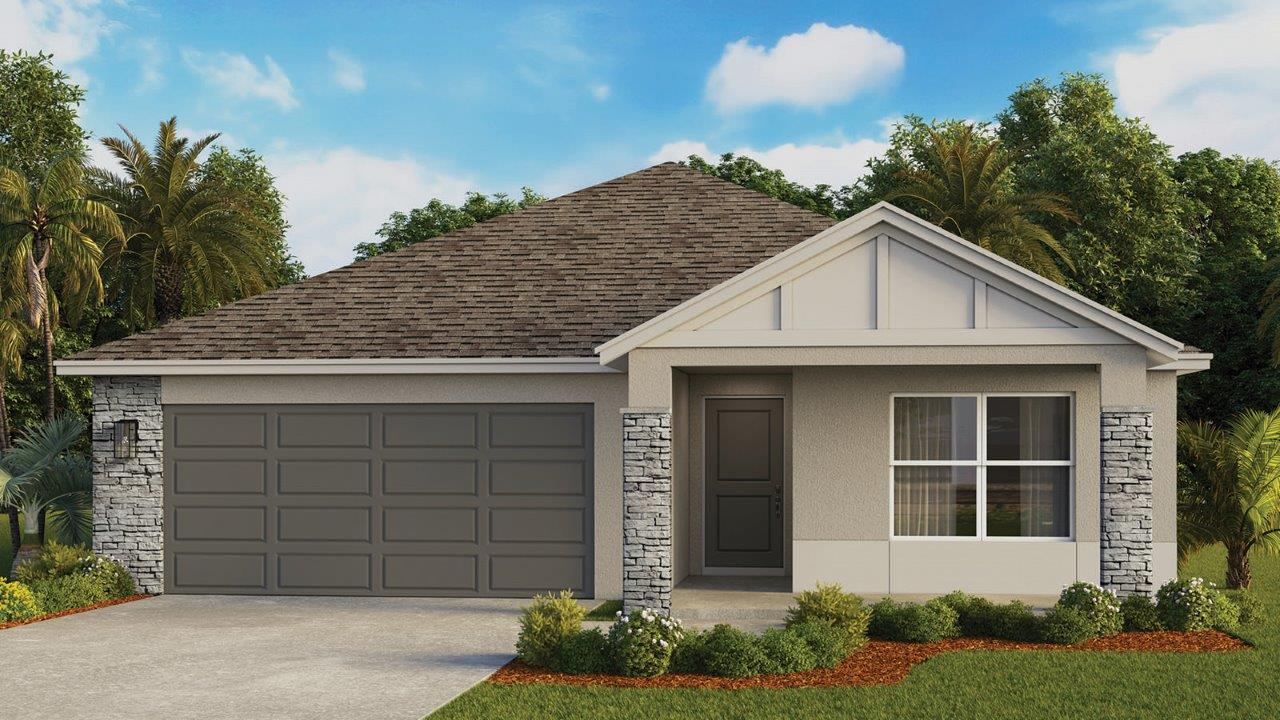 Aria modern rendering of the exterior with front porch and stone accents