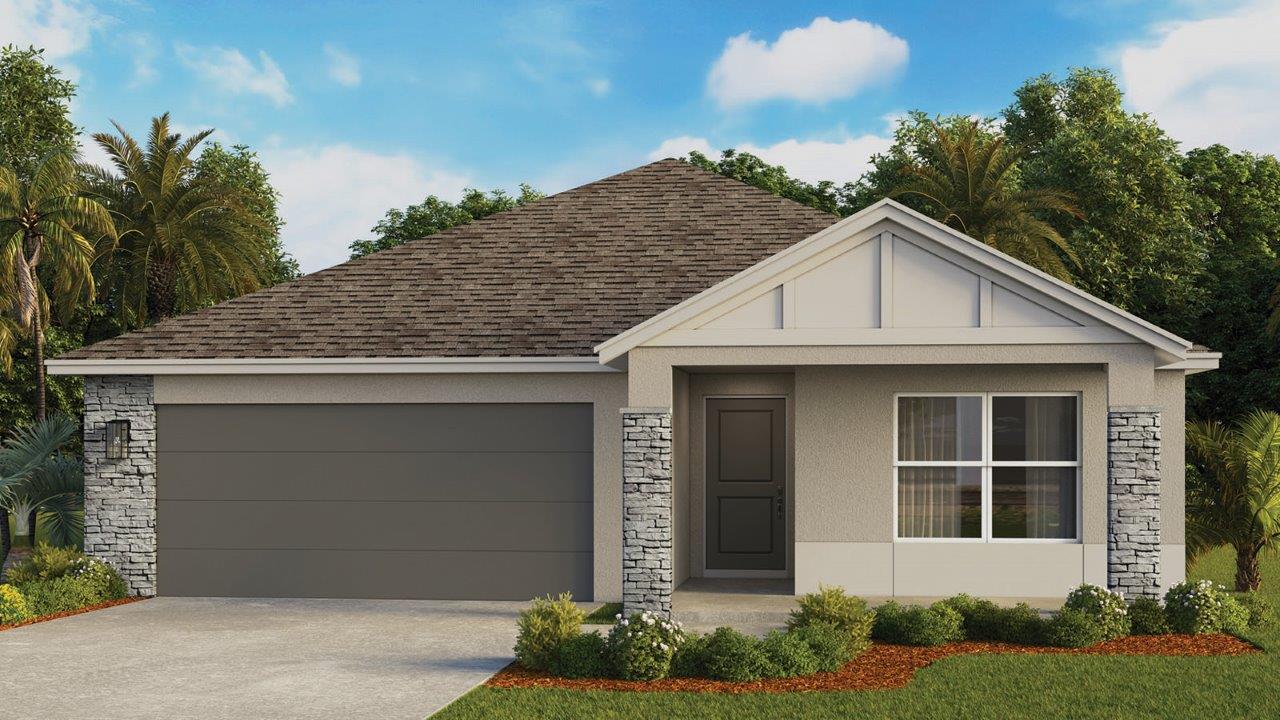 Aria modern rendering of the exterior with front porch and stone accents
