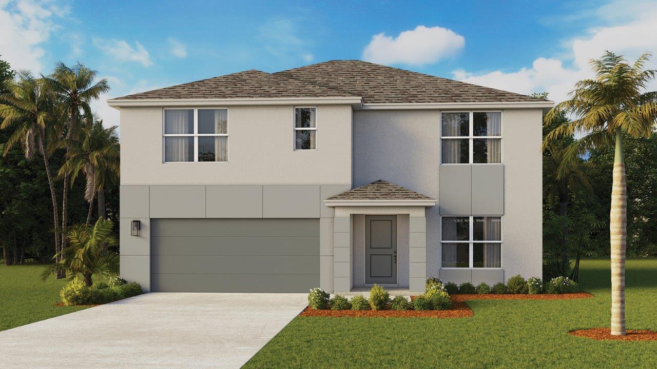 Modern exterior rendering of the Hayden floorplan with a covered entrance