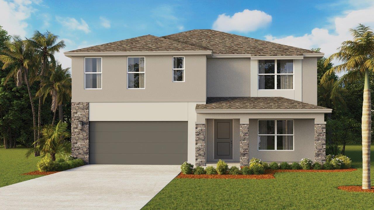 Modern rendering of the exterior of the Hayden floorplan with a front porch and stonev