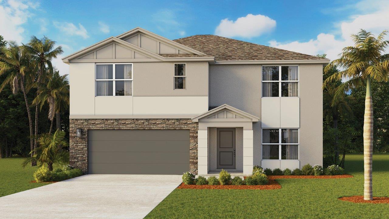 Modern exterior Hayden floorplan with a covered entrance and stone accents around the garage